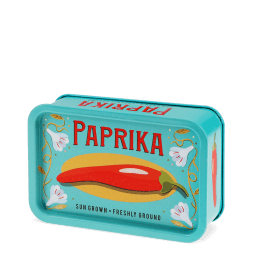 Mini storage tin with paprika illustration on the front.