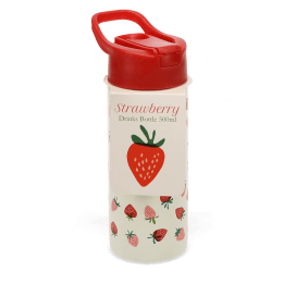 Water bottle with red lid, decorated with small red and pink strawberry illustrations.