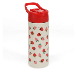 Water bottle with red lid, decorated with small red and pink strawberry illustrations.