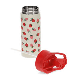 Strawberry-patterned drinks bottle with red lid shown open, straw detached beside it.