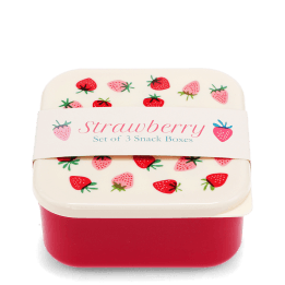 Square snack box with strawberry pattern and label wrap around.