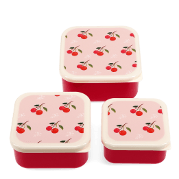 Set of three red snack boxes with cream lids featuring a cherry print.