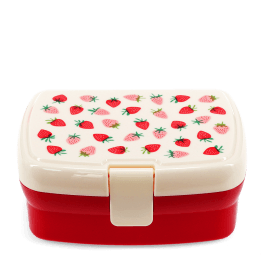 Lunch box with cream lid featuring a pattern of red and pink strawberries print