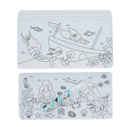 Stack of mermaid-themed magic colouring cards with underwater scenes and a water brush.