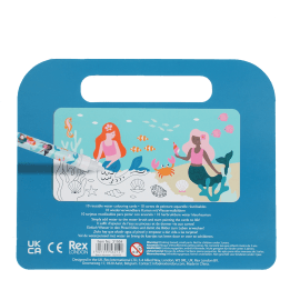 Back of mermaid magic colouring set with illustrated underwater scene and safety warnings.