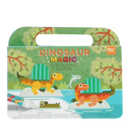 Dinosaur-themed magic colouring card set with illustrated dinosaurs scene on the cover.