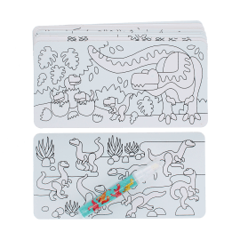 Stack of dinosaur-themed magic colouring cards with line art scenes and a water brush.