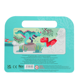 Back of dinosaur magic colouring set with illustrated dinosaurs and safety information.