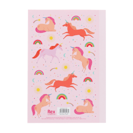 Pink notebook with colourful unicorns, rainbows, stars, and suns on the cover.