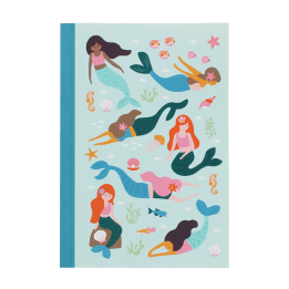 Notebook with illustrated mermaids, sea creatures, and shells on a light aqua cover.