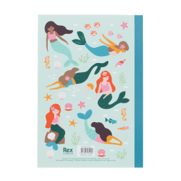 Notebook with illustrated mermaids, sea creatures, and shells on a light aqua cover.