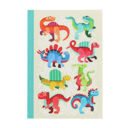 Notebook with colourful dinosaurs on a light background.
