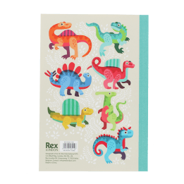 Notebook with colourful dinosaurs on a light background.