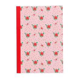 Pink notebook with a french rose design on the cover.