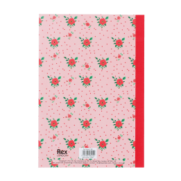 Pink notebook with a french rose design on the cover.