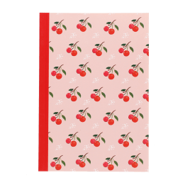 Pink notebook with cherry design on the cover.
