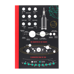 Notebook with space‑themed diagrams, including moon phases, planets, and a rocket on the cover.