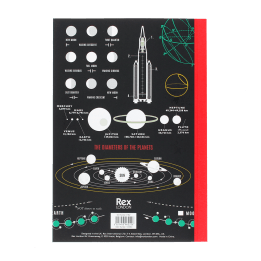 Notebook with space‑themed diagrams, including moon phases, planets, and a rocket on the back cover.