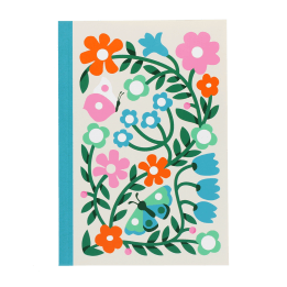 Notebook with colourful illustrated flowers, leaves, and butterflies on the cover.
