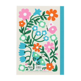 Notebook with colourful illustrated flowers, leaves, and butterflies on the back cover.