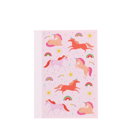 Pink A6 notebook with colourful unicorns, rainbows, stars, and suns on the cover.