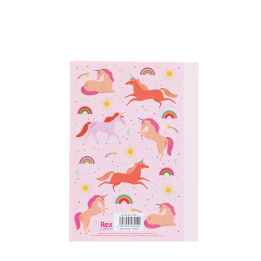 Pink A6 notebook with colourful unicorns, rainbows, stars, and suns on the back cover.