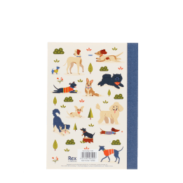 A6 notebook with illustrated dogs in a park scene on the back cover.