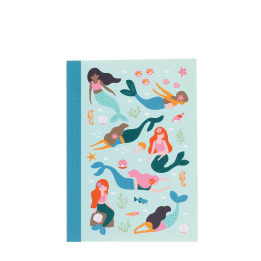 A6 notebook with illustrated mermaids, sea creatures, and shells on a light aqua cover.