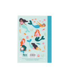 A6 notebook with illustrated mermaids, sea creatures, and shells on the back cover.