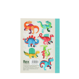 A6 Notebook with colourful dinosaurs on a light background.
