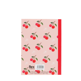 Pink A6 notebook with cherry design on the back cover.