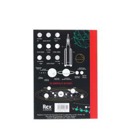 A6 Notebook with space‑themed diagrams, including moon phases, planets, and a rocket on the back cover.