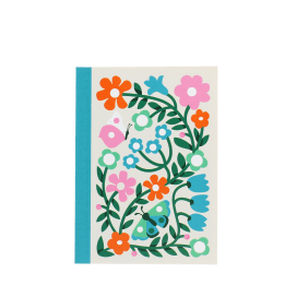 A6 Notebook with colourful illustrated flowers, leaves, and butterflies on a light background