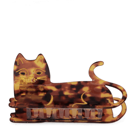 Hair claw clip featuring an adorable cat design in translucent brown, with a marbled effect. 