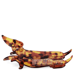 Hair claw clip featuring an adorable sausage dog design in translucent brown, with a marbled effect. 