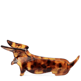 Hair claw clip featuring an adorable sausage dog design in translucent brown, with a marbled effect. 