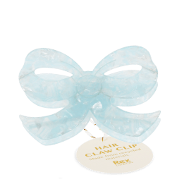 Hair claw clip featuring a pretty bow design in blue, with hints of marbling and translucence. 