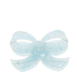 Hair claw clip featuring a pretty bow design in blue, with hints of marbling and translucence.
