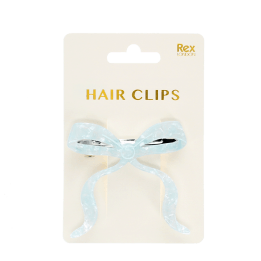 Hair clip featuring a pretty bow design in blue, with hints of marbling and translucence.