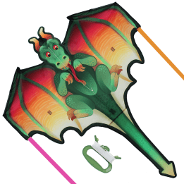 Giant dragon‑shaped kite with colourful wings and a long tail, shown with its green handle and flying line.
