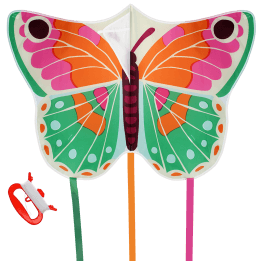Colourful butterfly‑shaped kite with long trailing ribbons and a red handle with flying line.