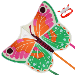 Colourful butterfly‑shaped kite with long trailing ribbons and a red handle with flying line.