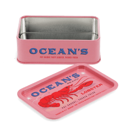 Open pink mini storage tin with the lid beside it, featuring an illustrated lobster on the lid.