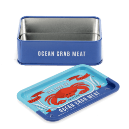 Open blue mini storage tin with the lid beside it, featuring an illustrated crab on the lid.