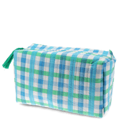 Blue and green gingham quilted washbag with a zip and tassel.