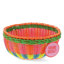 Round woven basket made of brightly coloured plastic with tag.
