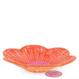 A shallow orange woven plastic basket with a flower-shaped and a pink centre with tag.