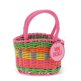A small woven plastic basket with a pink handle and multicoloured striped body with tag.