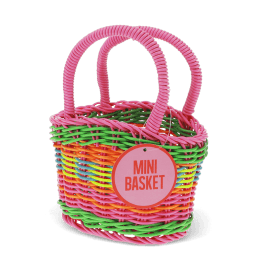 A small woven plastic basket with a pink handle and multicoloured striped body with tag.