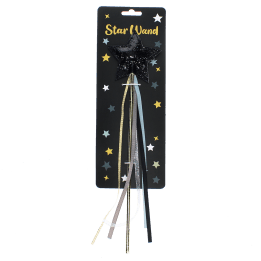 Black glitter star wand with long ribbons on star-patterned cardboard backing.